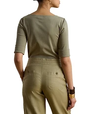 Lauren Ralph Lauren Stretch Cotton Blend Boat Neck Short Rolled Sleeve Shirt