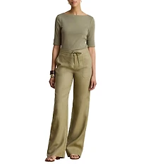 Lauren Ralph Lauren Stretch Cotton Blend Boat Neck Short Rolled Sleeve Shirt
