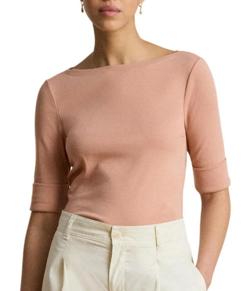 Lauren Ralph Lauren Stretch Cotton Blend Boat Neck Short Rolled Sleeve Shirt