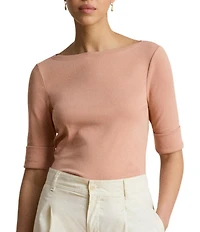 Lauren Ralph Lauren Stretch Cotton Blend Boat Neck Short Rolled Sleeve Shirt