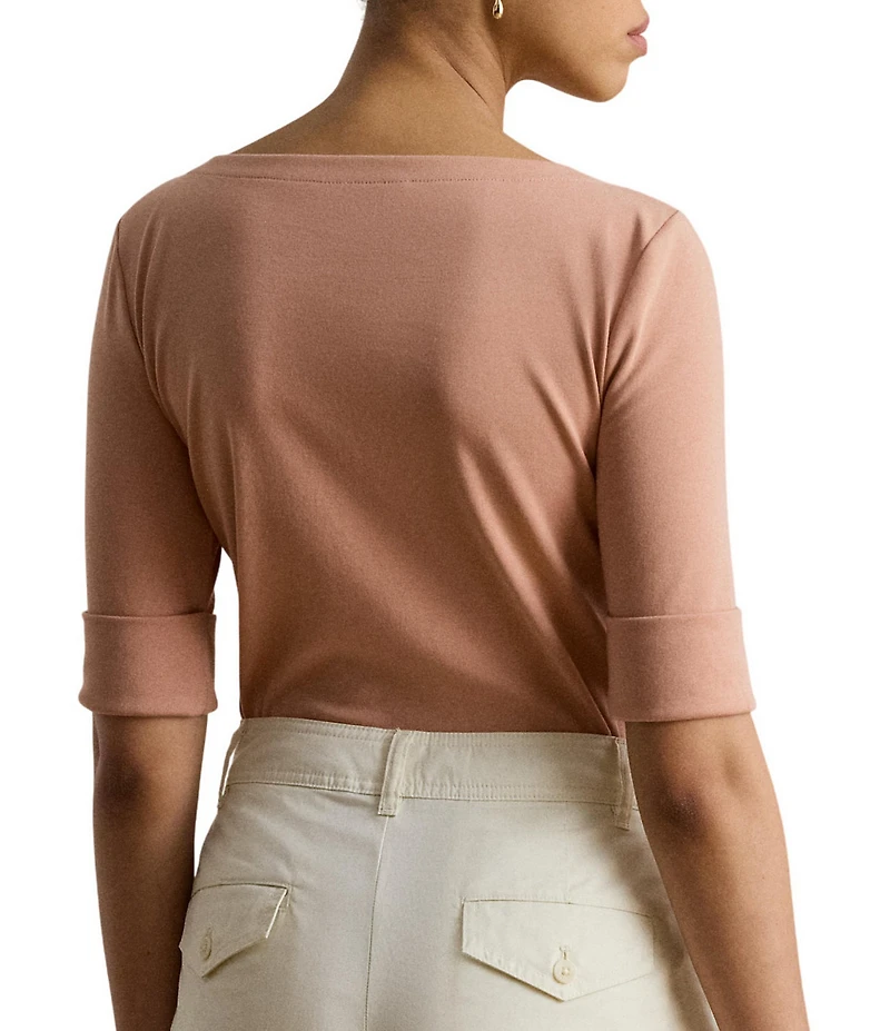 Lauren Ralph Lauren Stretch Cotton Blend Boat Neck Short Rolled Sleeve Shirt