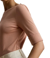 Lauren Ralph Lauren Stretch Cotton Blend Boat Neck Short Rolled Sleeve Shirt