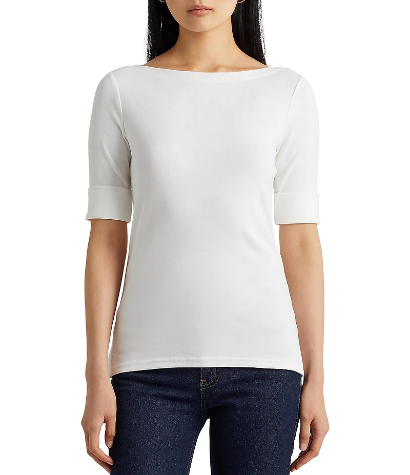 Lauren Ralph Lauren Stretch Cotton Blend Boat Neck Short Rolled Sleeve Shirt