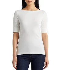 Lauren Ralph Lauren Stretch Cotton Blend Boat Neck Short Rolled Sleeve Shirt