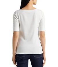 Lauren Ralph Lauren Stretch Cotton Blend Boat Neck Short Rolled Sleeve Shirt