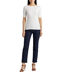 Lauren Ralph Lauren Stretch Cotton Blend Boat Neck Short Rolled Sleeve Shirt
