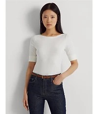 Lauren Ralph Lauren Stretch Cotton Blend Boat Neck Short Rolled Sleeve Shirt