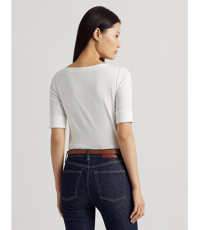 Lauren Ralph Lauren Stretch Cotton Blend Boat Neck Short Rolled Sleeve Shirt