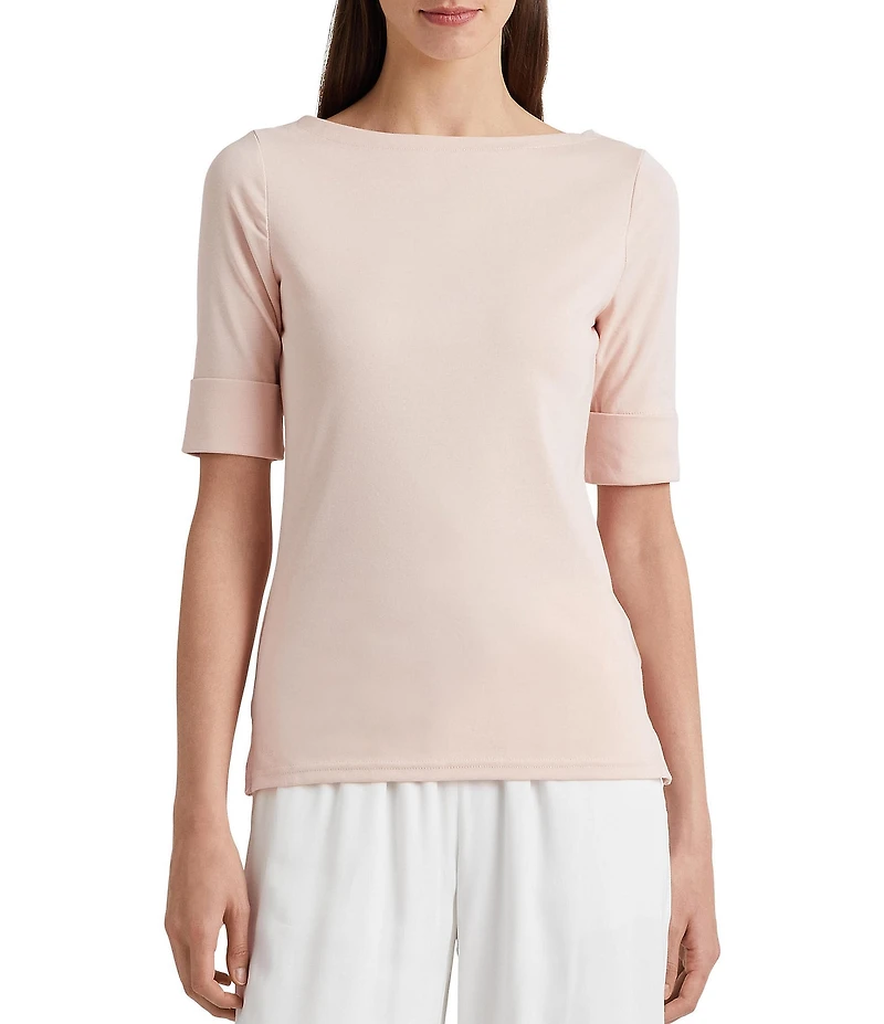 Lauren Ralph Lauren Stretch Cotton Blend Boat Neck Short Rolled Sleeve Shirt