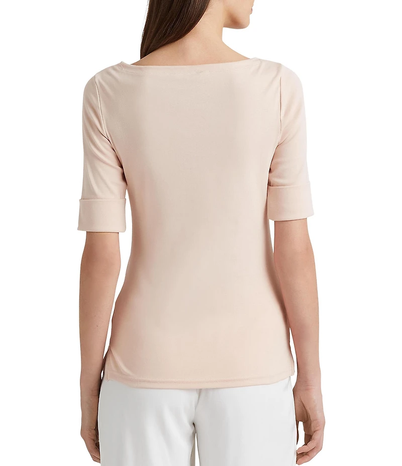 Lauren Ralph Lauren Stretch Cotton Blend Boat Neck Short Rolled Sleeve Shirt