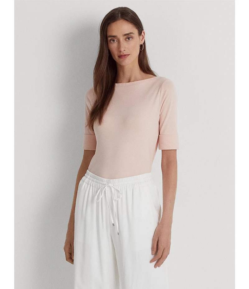Lauren Ralph Lauren Stretch Cotton Blend Boat Neck Short Rolled Sleeve Shirt