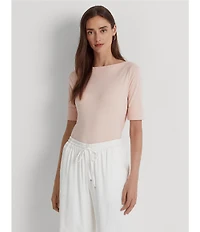 Lauren Ralph Lauren Stretch Cotton Blend Boat Neck Short Rolled Sleeve Shirt