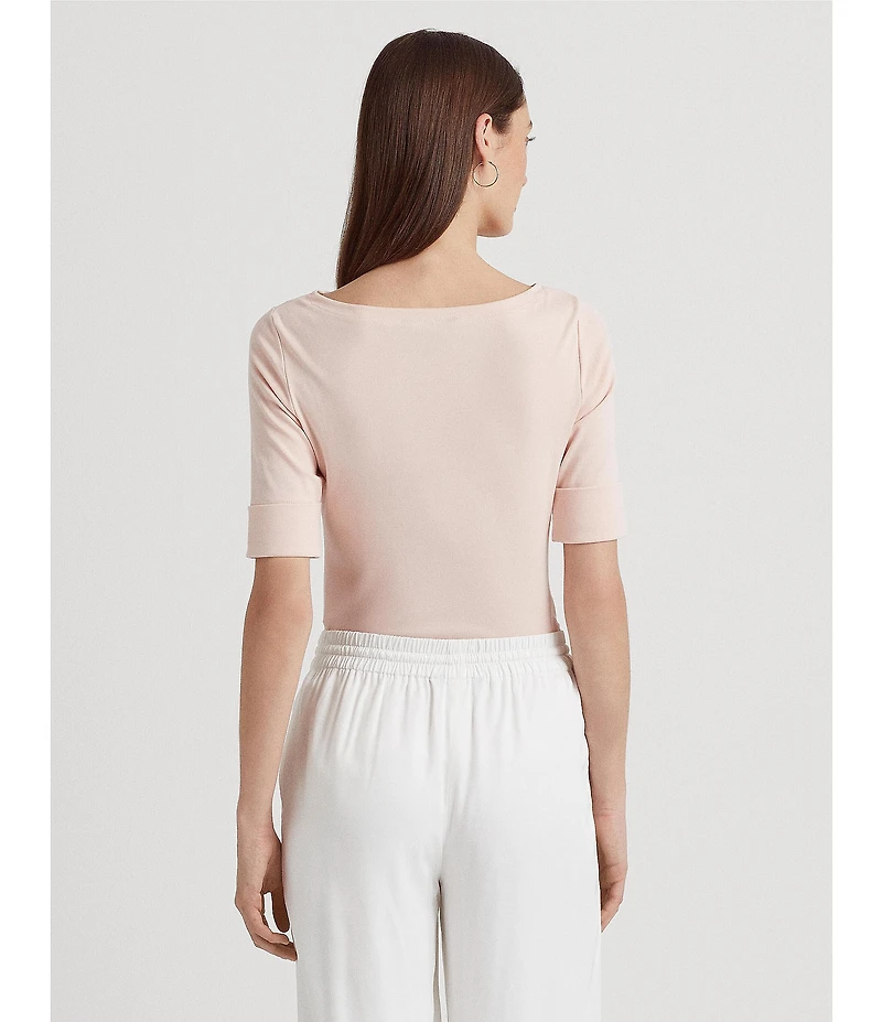Lauren Ralph Lauren Stretch Cotton Blend Boat Neck Short Rolled Sleeve Shirt