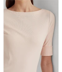 Lauren Ralph Lauren Stretch Cotton Blend Boat Neck Short Rolled Sleeve Shirt