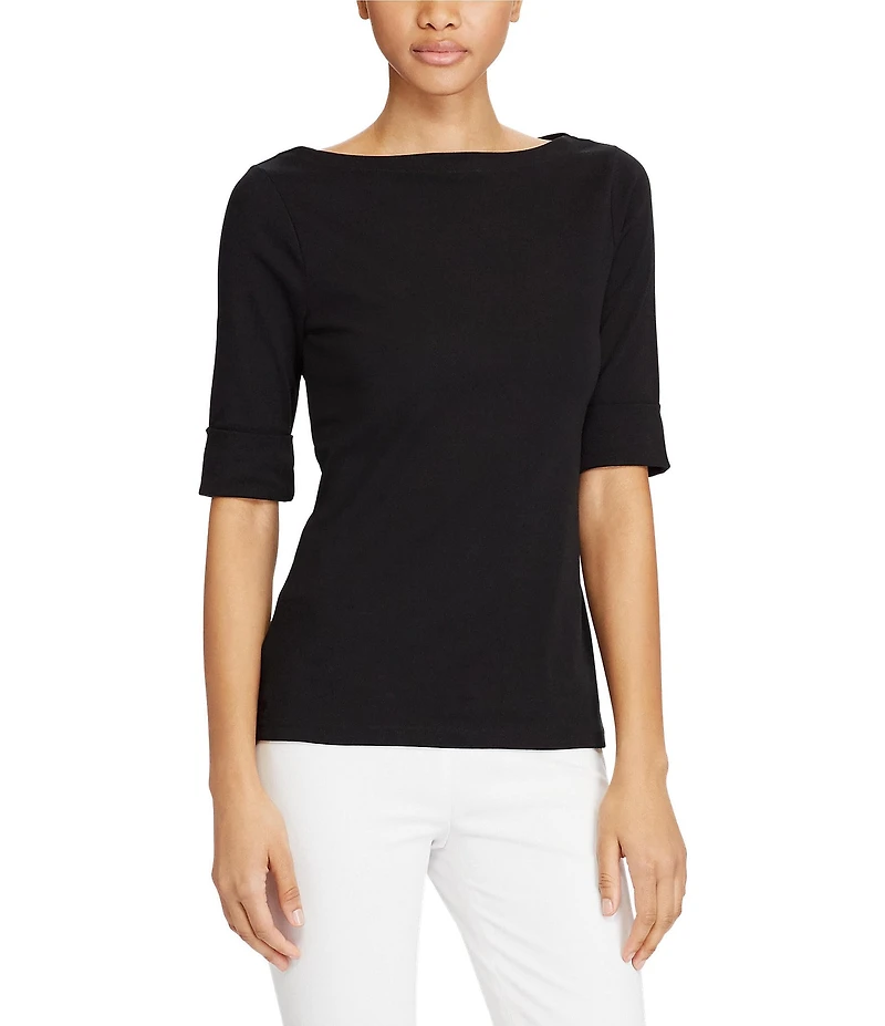 Lauren Ralph Lauren Stretch Cotton Blend Boat Neck Short Rolled Sleeve Shirt