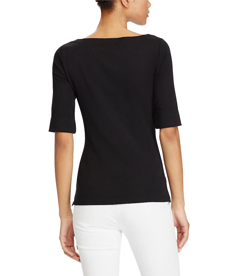 Lauren Ralph Lauren Stretch Cotton Blend Boat Neck Short Rolled Sleeve Shirt