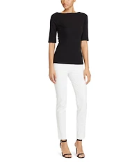 Lauren Ralph Lauren Stretch Cotton Blend Boat Neck Short Rolled Sleeve Shirt
