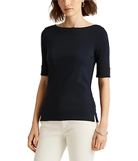 Lauren Ralph Lauren Stretch Cotton Blend Boat Neck Short Rolled Sleeve Shirt