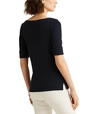 Lauren Ralph Lauren Stretch Cotton Blend Boat Neck Short Rolled Sleeve Shirt