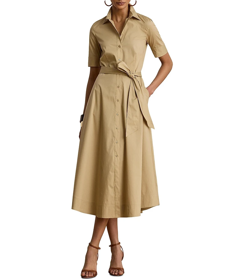 Lauren Ralph Lauren Stretch Cotton Blend Point Collar 3/4 Sleeve Shirt Dress