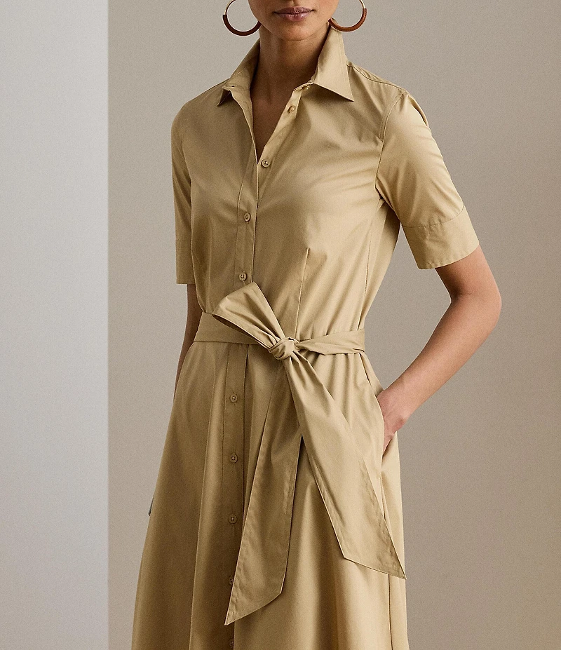 Lauren Ralph Lauren Stretch Cotton Blend Point Collar 3/4 Sleeve Shirt Dress