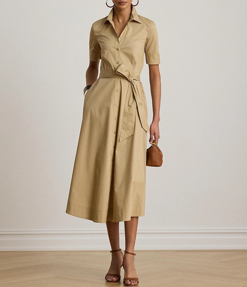 Lauren Ralph Lauren Stretch Cotton Blend Point Collar 3/4 Sleeve Shirt Dress