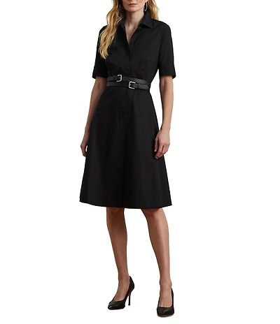 Lauren Ralph Lauren Stretch Cotton Blend Point Collar Elbow Length Sleeve Button Front Shirt Dress