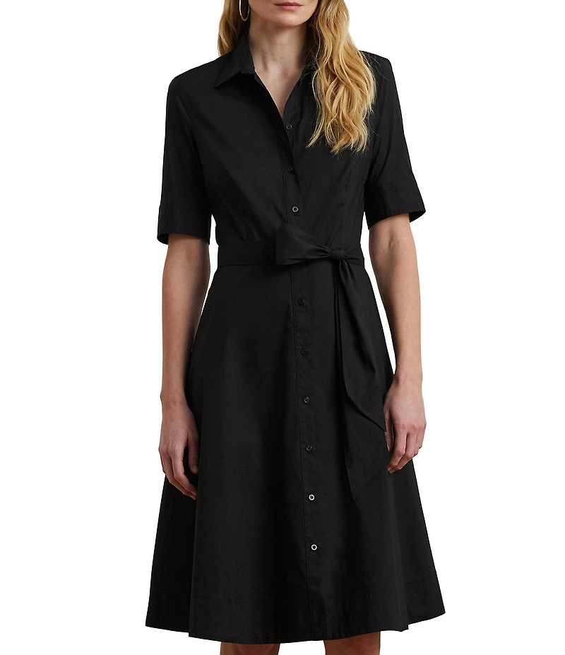 Lauren Ralph Lauren Stretch Cotton Blend Point Collar Elbow Length Sleeve Button Front Shirt Dress