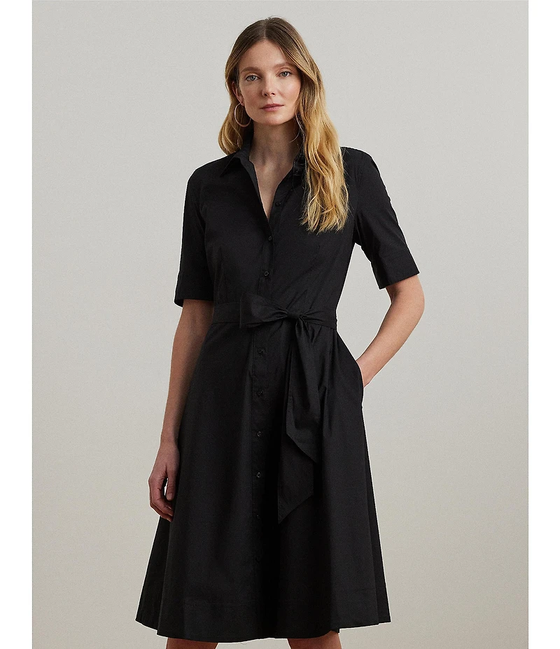 Lauren Ralph Lauren Stretch Cotton Blend Point Collar Elbow Length Sleeve Button Front Shirt Dress