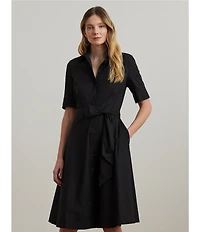 Lauren Ralph Lauren Stretch Cotton Blend Point Collar Elbow Length Sleeve Button Front Shirt Dress