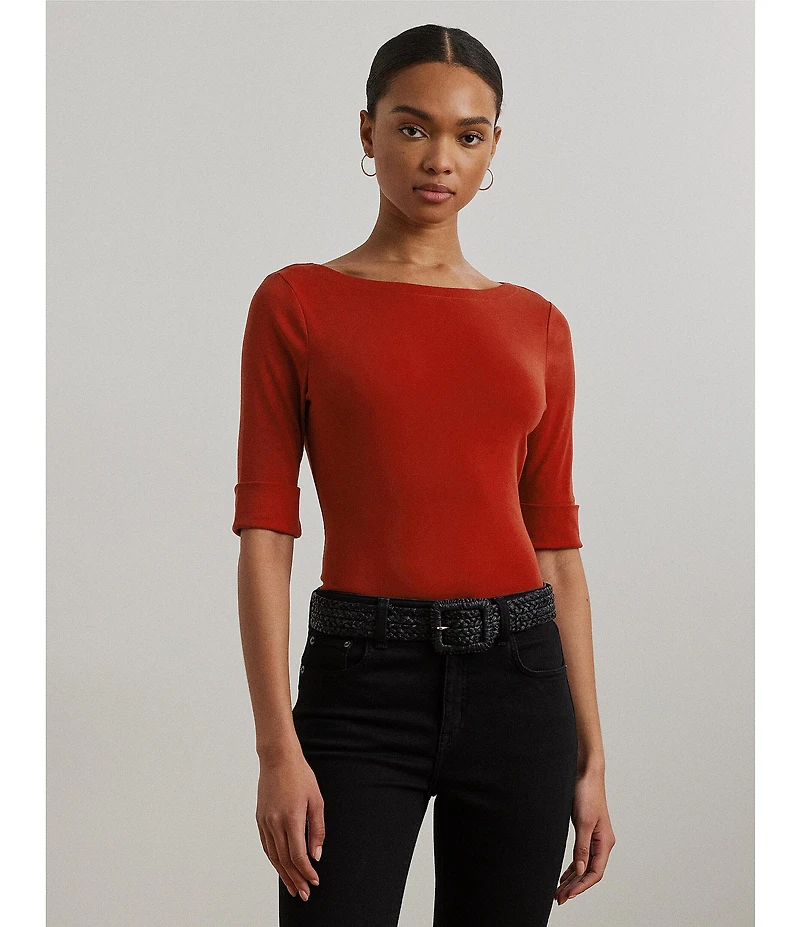 Lauren Ralph Lauren Stretch Cotton Boatneck Elbow-Length Sleeve T-Shirt