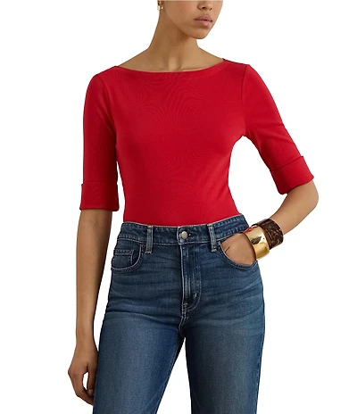 Lauren Ralph Lauren Stretch Cotton Knit Boat Neck Elbow Sleeve Tee