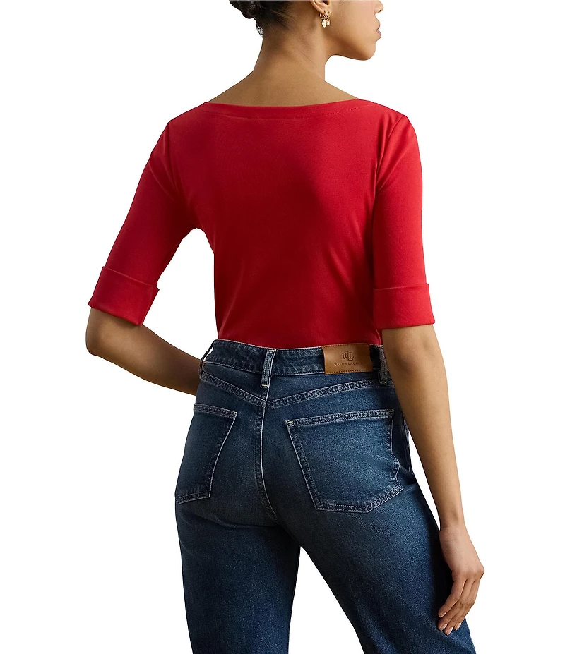 Lauren Ralph Lauren Stretch Cotton Knit Boat Neck Elbow Sleeve Tee