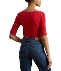 Lauren Ralph Lauren Stretch Cotton Knit Boat Neck Elbow Sleeve Tee