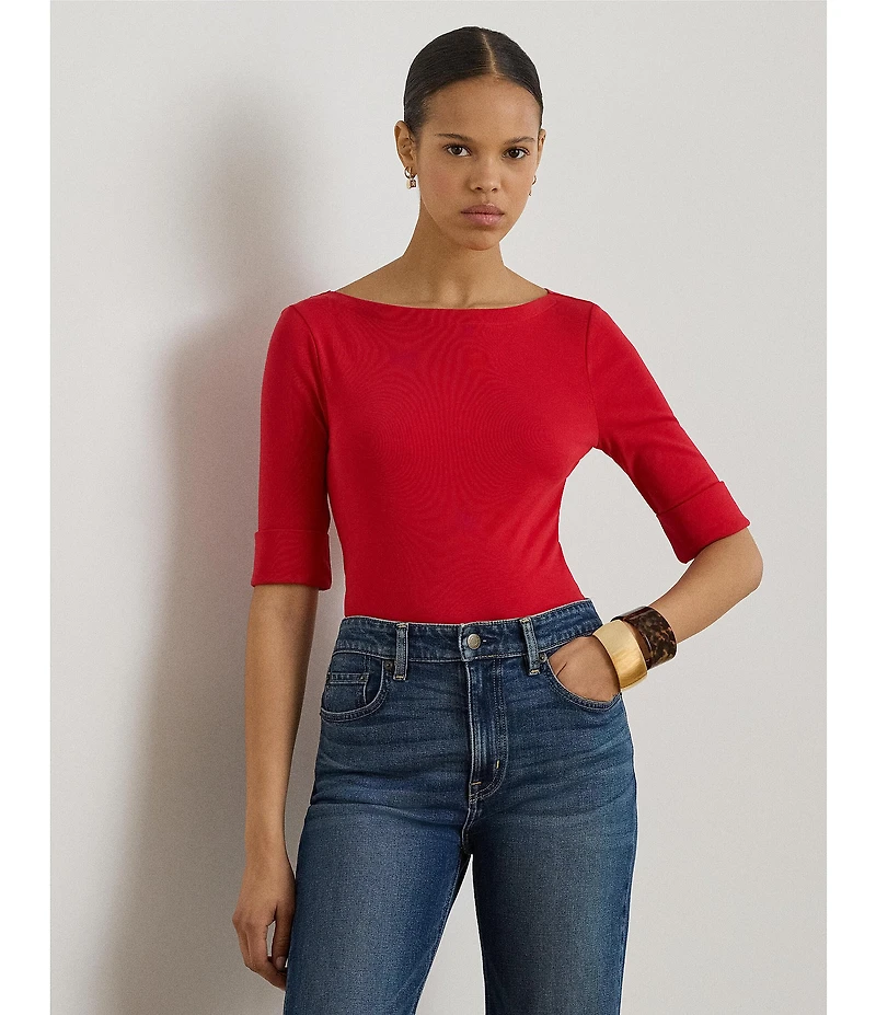 Lauren Ralph Lauren Stretch Cotton Knit Boat Neck Elbow Sleeve Tee