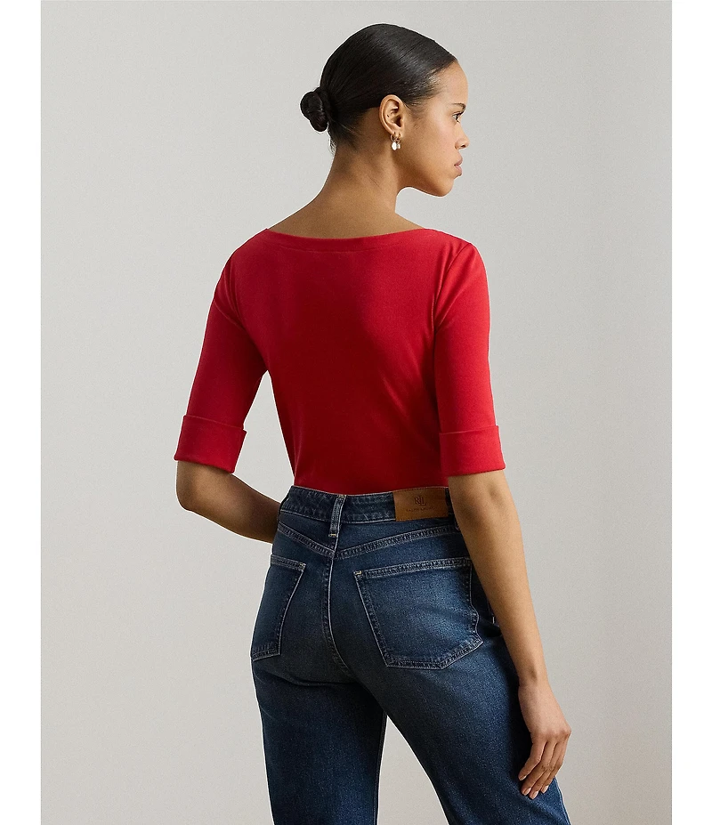 Lauren Ralph Lauren Stretch Cotton Knit Boat Neck Elbow Sleeve Tee