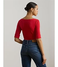 Lauren Ralph Lauren Stretch Cotton Knit Boat Neck Elbow Sleeve Tee