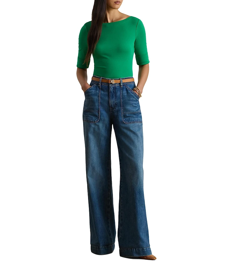 Lauren Ralph Lauren Stretch Cotton Knit Boat Neck Elbow Sleeve Tee