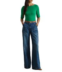 Lauren Ralph Lauren Stretch Cotton Knit Boat Neck Elbow Sleeve Tee