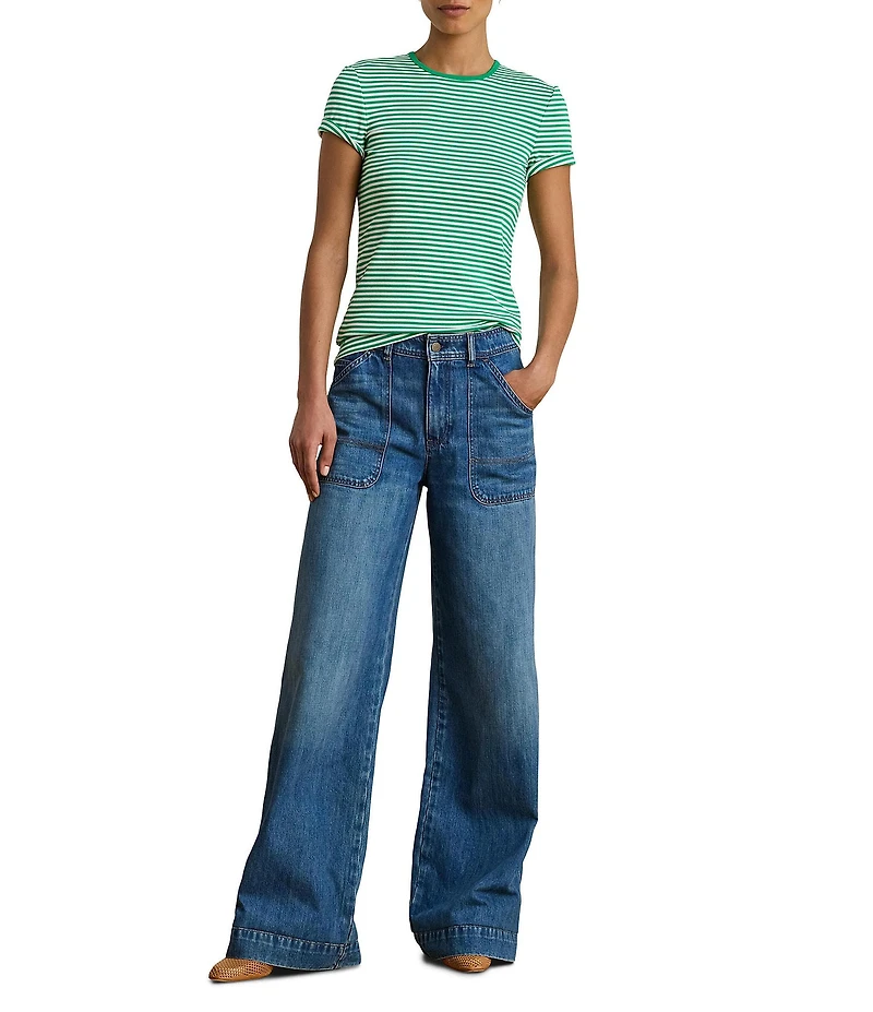 Lauren Ralph Lauren Stretch Cotton Stripe Ribbed Crew Neck Short Sleeve Tee