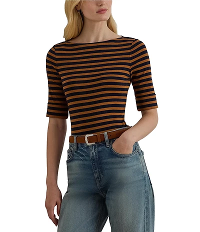 Lauren Ralph Lauren Stretch Cotton Striped Boat Neck Elbow Sleeve Tee