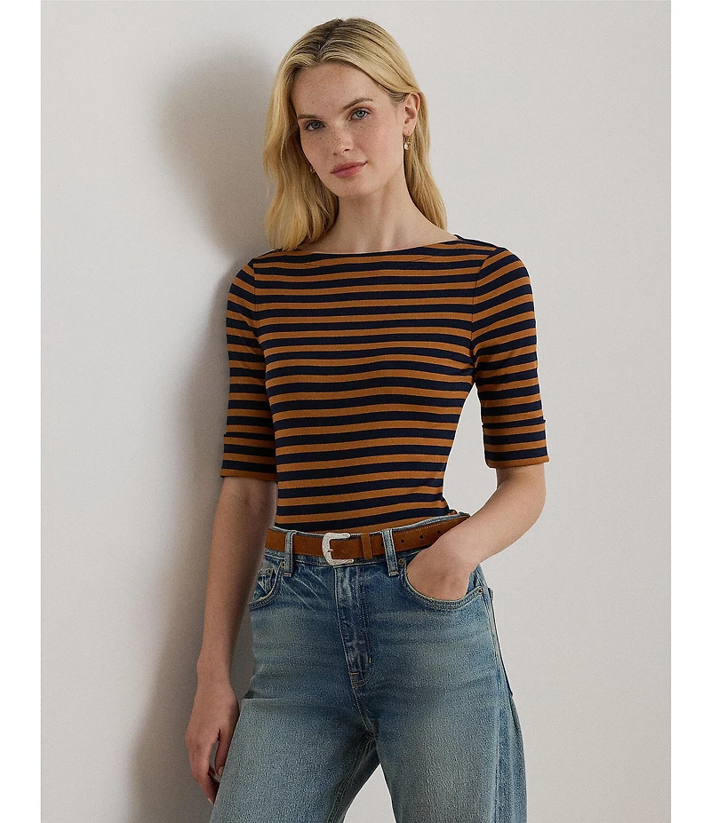 Lauren Ralph Lauren Stretch Cotton Striped Boat Neck Elbow Sleeve Tee