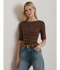 Lauren Ralph Lauren Stretch Cotton Striped Boat Neck Elbow Sleeve Tee