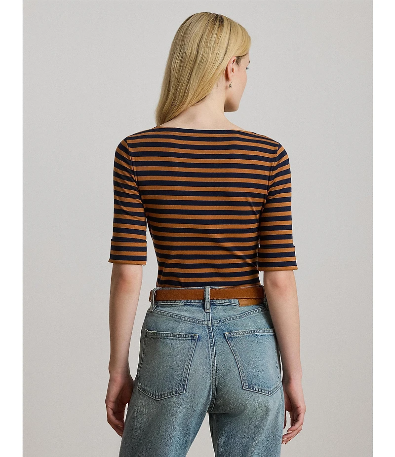 Lauren Ralph Lauren Stretch Cotton Striped Boat Neck Elbow Sleeve Tee