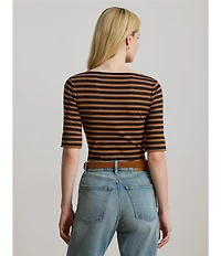 Lauren Ralph Lauren Stretch Cotton Striped Boat Neck Elbow Sleeve Tee