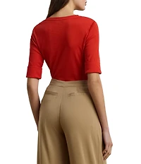 Lauren Ralph Lauren Stretch Cotton V-Neck Elbow Sleeve Fitted Tee