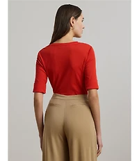 Lauren Ralph Lauren Stretch Cotton V-Neck Elbow Sleeve Fitted Tee