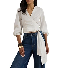 Lauren Ralph Lauren Stretch Cotton V-Neck Long Sleeve Wrap Blouse
