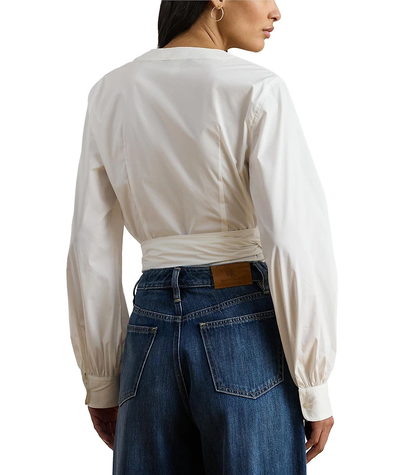 Lauren Ralph Lauren Stretch Cotton V-Neck Long Sleeve Wrap Blouse
