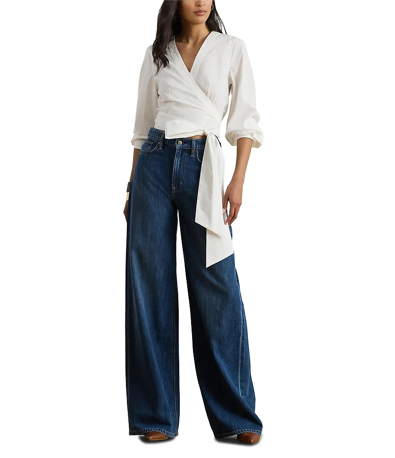 Lauren Ralph Lauren Stretch Cotton V-Neck Long Sleeve Wrap Blouse